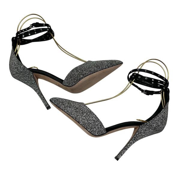 VALENTINO GARAVANI Glitter Ankle Strap Pumps EU 38 US 8 Silver Metallic Heels - Picture 6 of 11